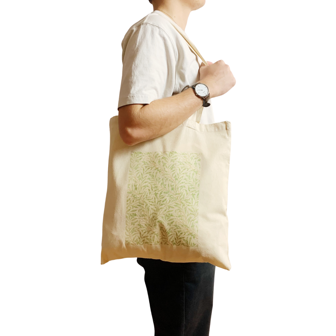 Bianco Borsa a tracolla William Morris Willow Bough Sage con motivo artistico Fa in vendita all'ingrosso su Faire1