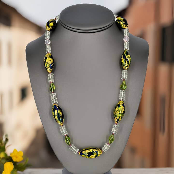 Large Blue and Green Oval Bead Necklace with Green Amethyst, Rose Quartz and Garnet Gemstone Beads for wholesale by Viktoria Simonë