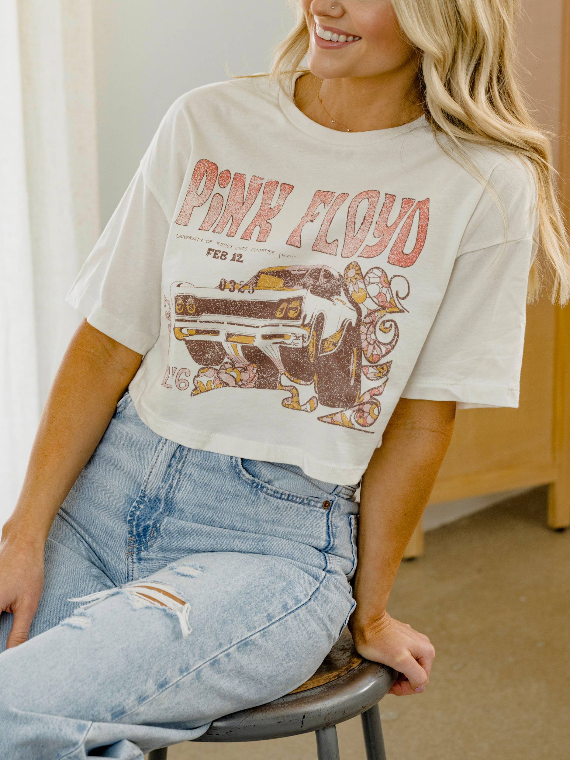 LivyLu - Vente T-shirt sérigraphié – femme - T-shirt graphique court sous licence Pink Floyd Essex, blanc cassé2