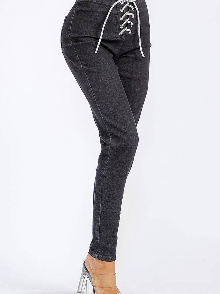 LACE UP CLOSURE DETAIL POCKET DENIM SKINNY PANTS for wholesale by ROUSSEAU