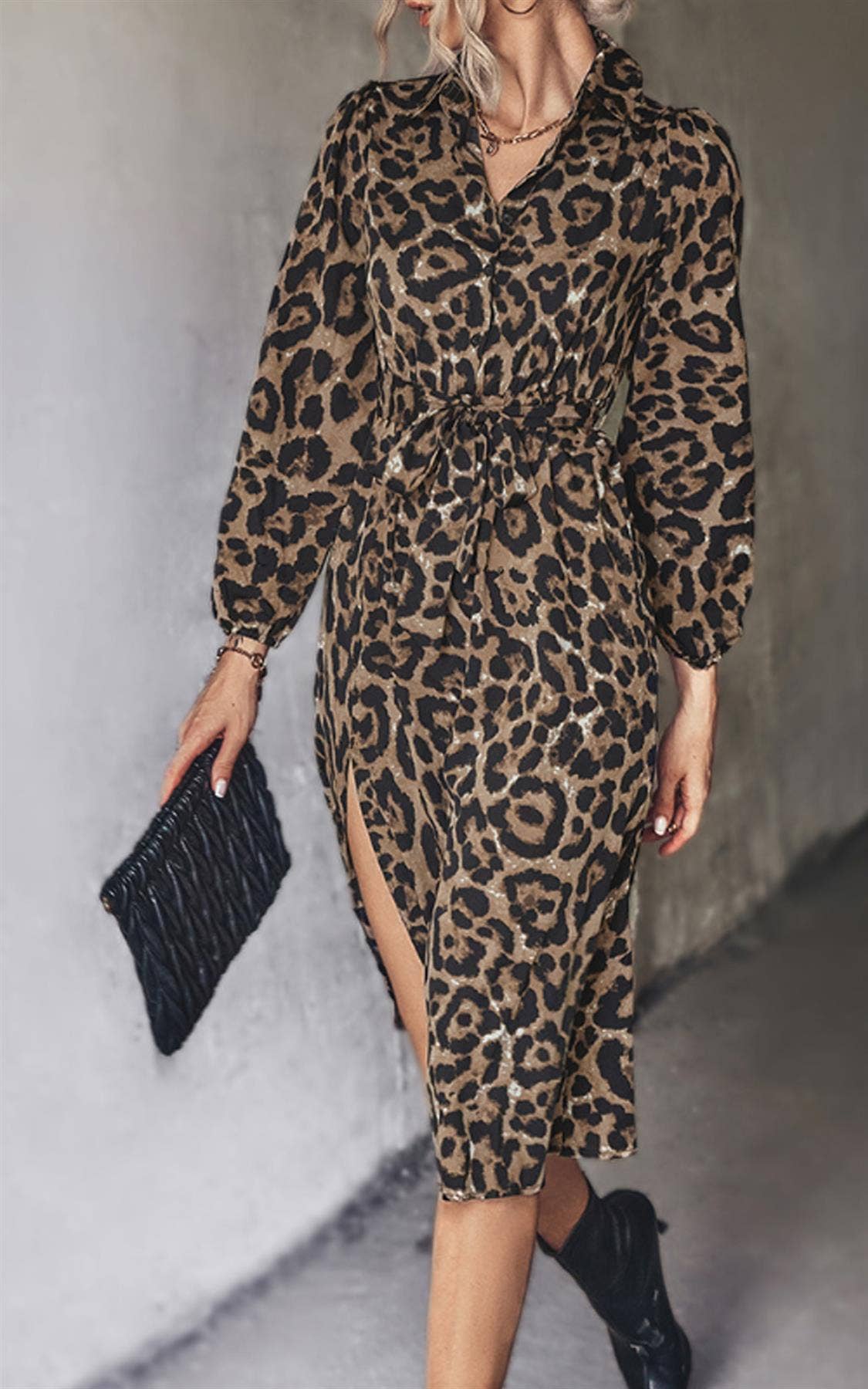 Leopard Print Split Leg Midi Shirt Dress In Brown for wholesale on Faire1