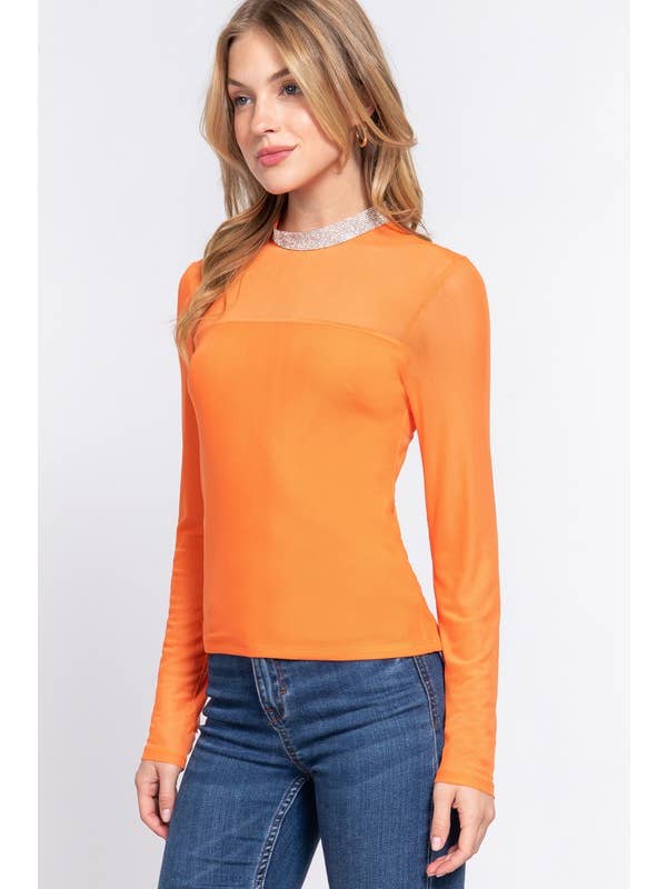 Org Orange Long Sleeve Mock Neck With Rhinestone Mesh Top for wholesale on Faire