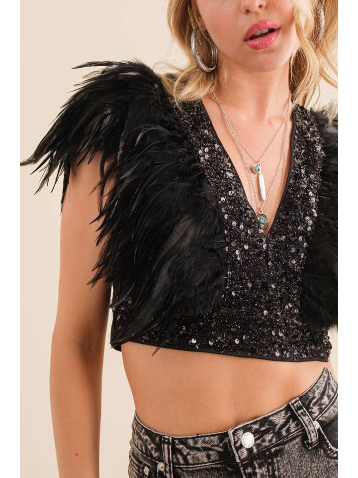 BLACK 34157T - Sequin Feather V Neck Crop Top for wholesale on Faire3