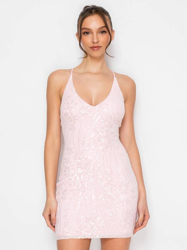 CD30663: FLORAL SEQUIN IRI V-NECK MINI DRESS for wholesale by Lovesome