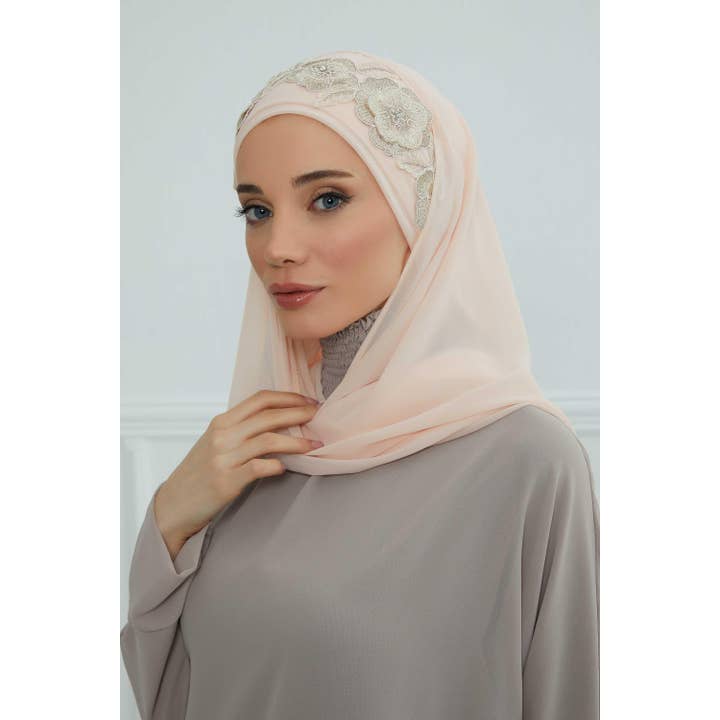 Aisha's Design - Wholesale Hijab – Women’s - Luxury Instant Chiffon Hijab with Floral Lace, Ready-to-Wear Chiffon Hijab with Embroidered Flowers,CPS-10143