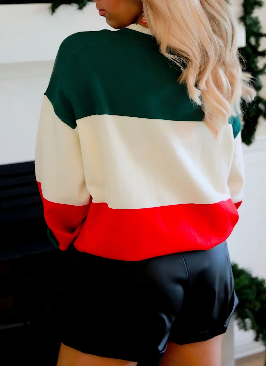 FULL TIME PURCHASE - Wholesale Knit Sweater - Women's - Pink Sequined HOLLY JOLLY Color Block Crew Neck Sweater3