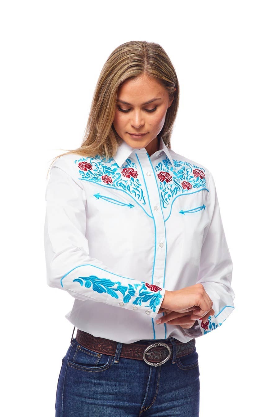 Rodeo Clothing - Vente Chemise à col boutonné – femme - Robe brodée à manches longues d'inspiration western pour femmes47