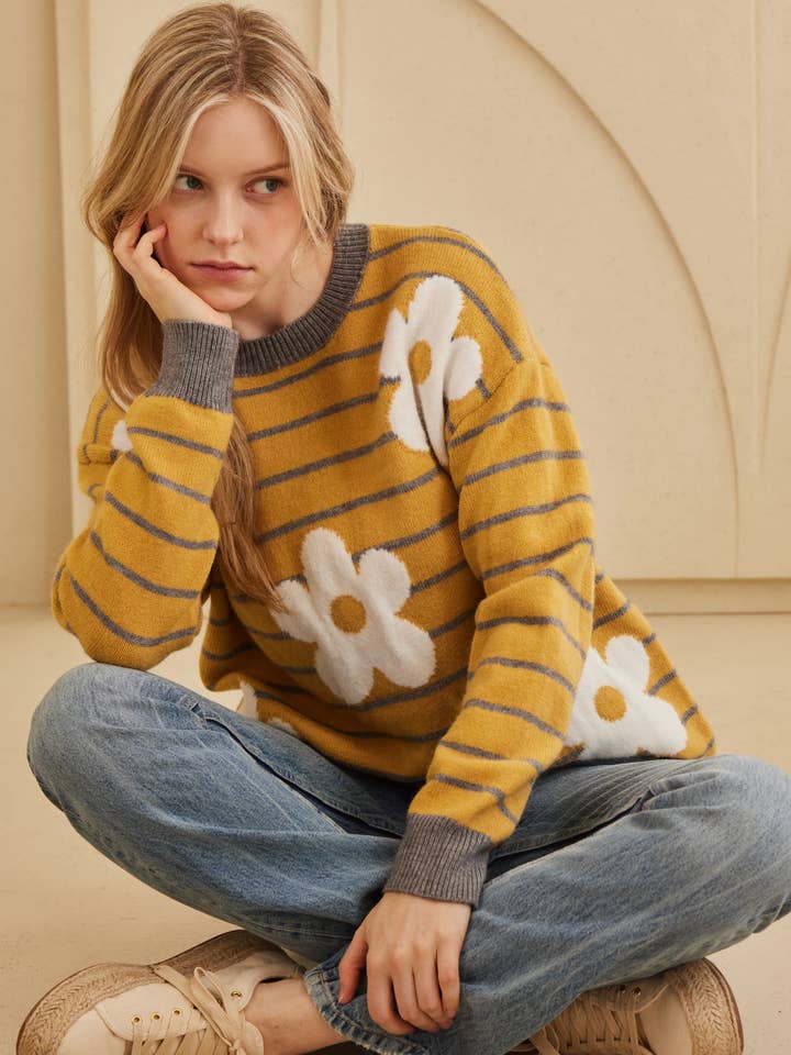 Daisy Patched Striped Sweater for wholesale by Mello.