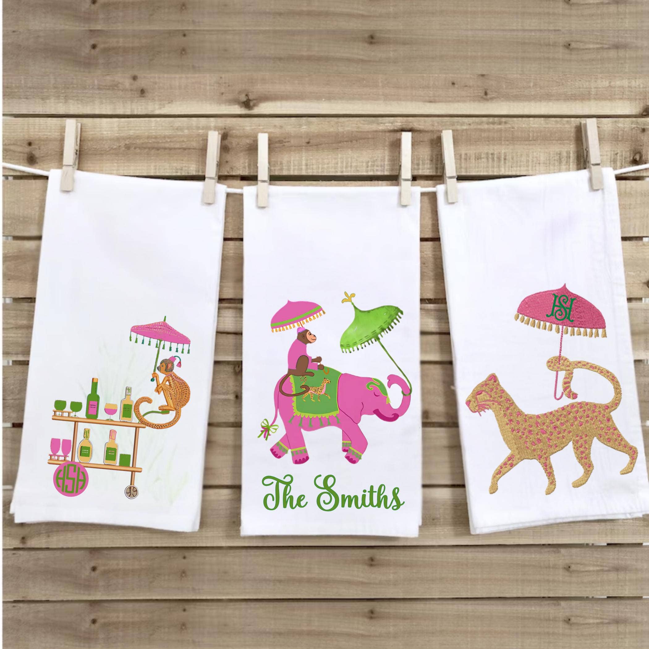 Cottage & Club - Wholesale Tea Towel - Preppy Palm Beach Monkey Pagoda Bar Cart Leopard Elephant Tea Towel Set | Colorful Waffle Weave Towels - Monogram Gift Personalize Options4
