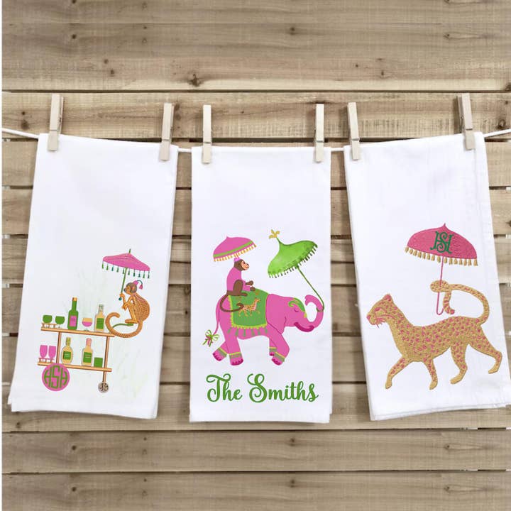 Cottage & Club - Wholesale Tea Towel - Preppy Palm Beach Monkey Pagoda Bar Cart Leopard Elephant Tea Towel Set | Colorful Waffle Weave Towels - Monogram Gift Personalize Options4