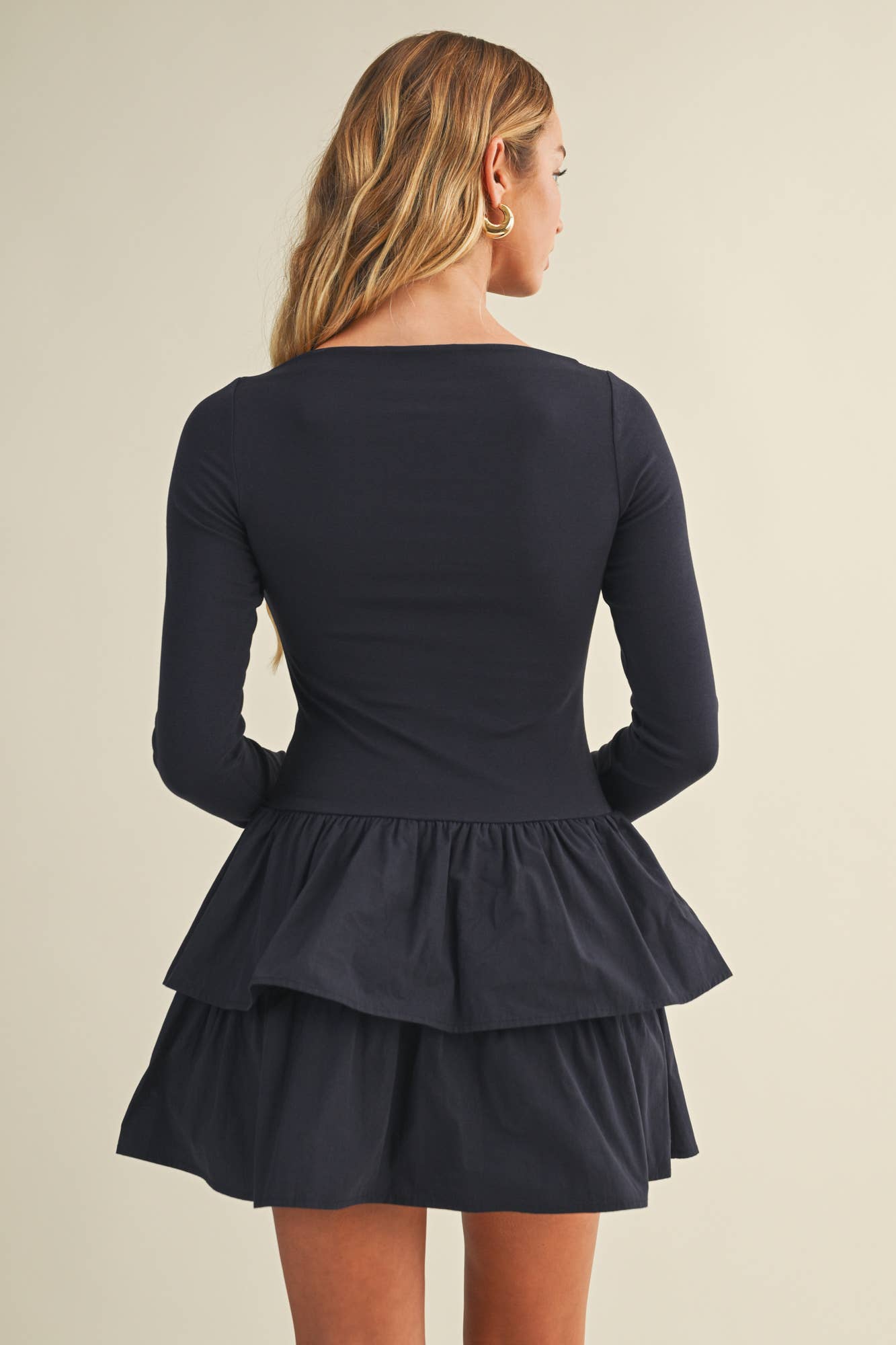 SHADOW BLUE BOAT NECK TIERED RUFFLE DRESS for wholesale on Faire4