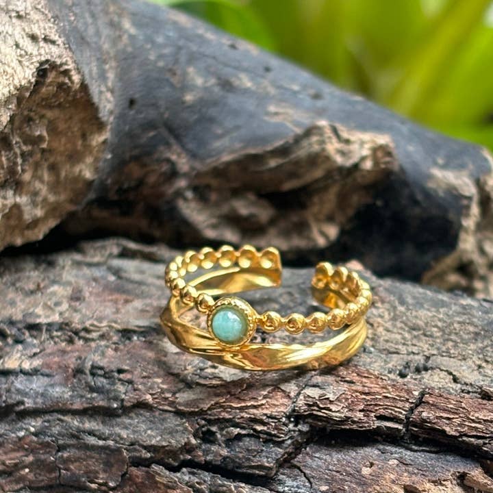 18ct Gold Plated Amazonite Double Band Adjustable Ring for wholesale by Ocean Ripples