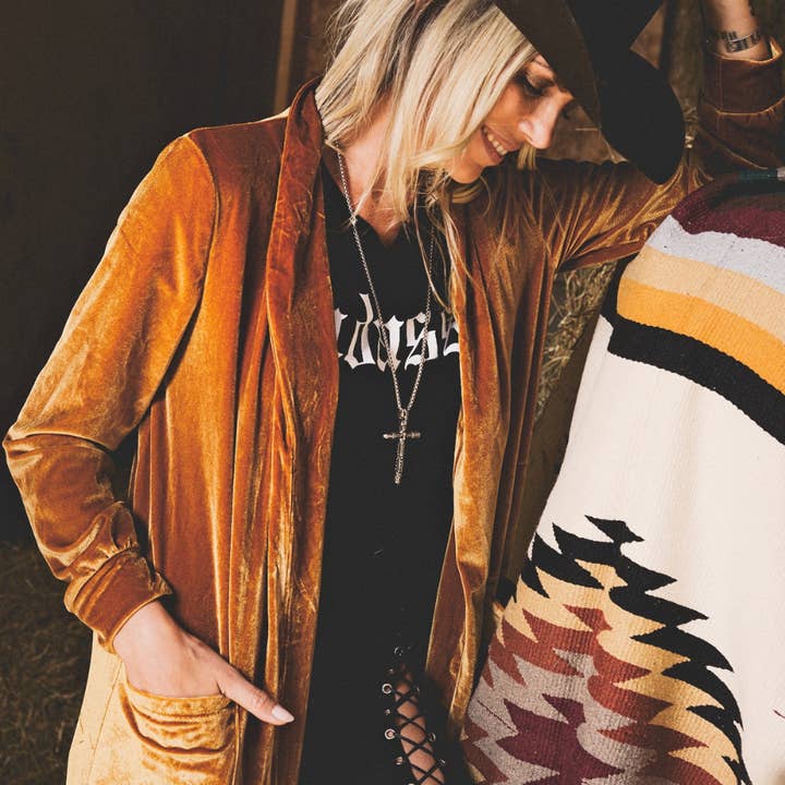 Taken By The Sky Velvet Gold Duster Kimono Gold Yellow Boho and other Purchase Wholesale vintage sweaters. Free Returns & Net 60 Terms on Faire trending on Faire.