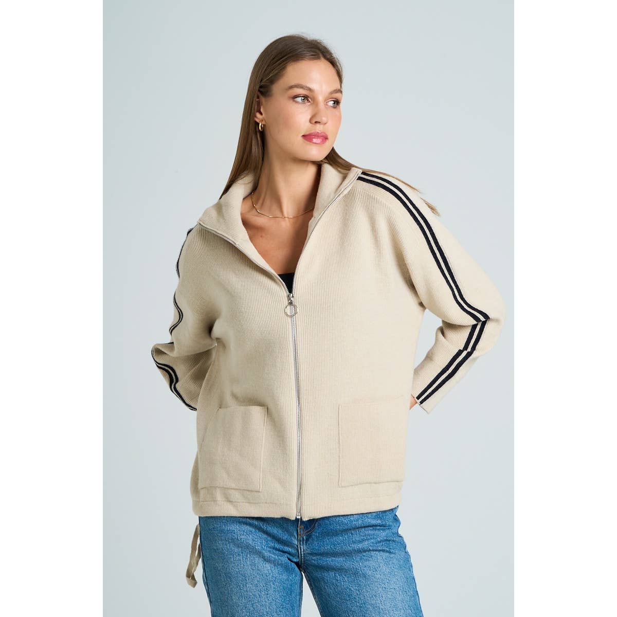 The GREii - Vente Pull en maille – femme - Pull en tricot à manches rayées et fermeture éclair0