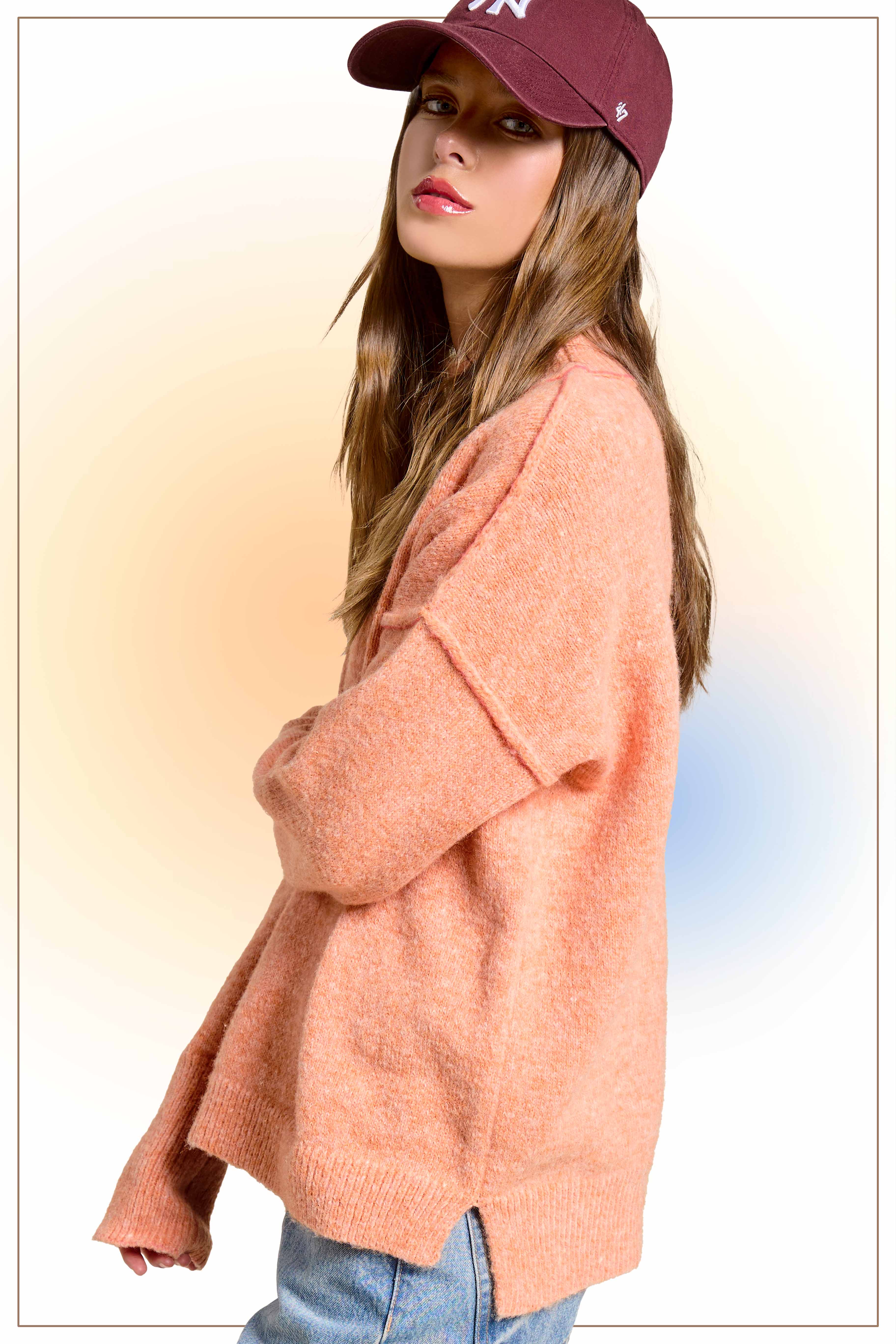 La Miel - Wholesale Knit Sweater - Women's - MCS3566-Loose Fit Mock Neck Exposed Seaming Detailed Sweater31