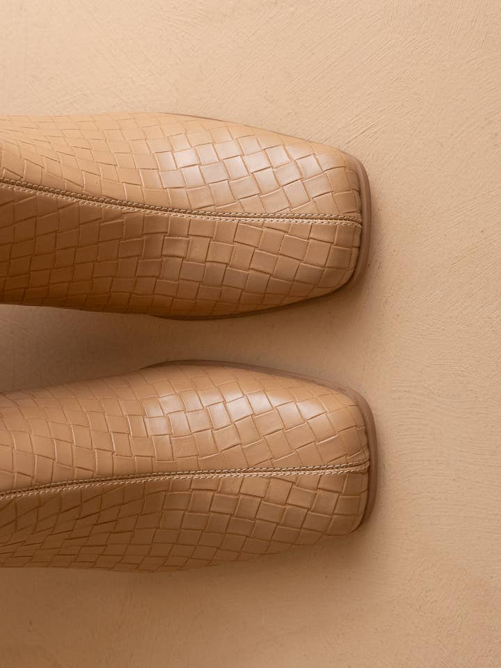 The Demi | Camel Woven Block Heel Ankle Boot for wholesale on Faire2