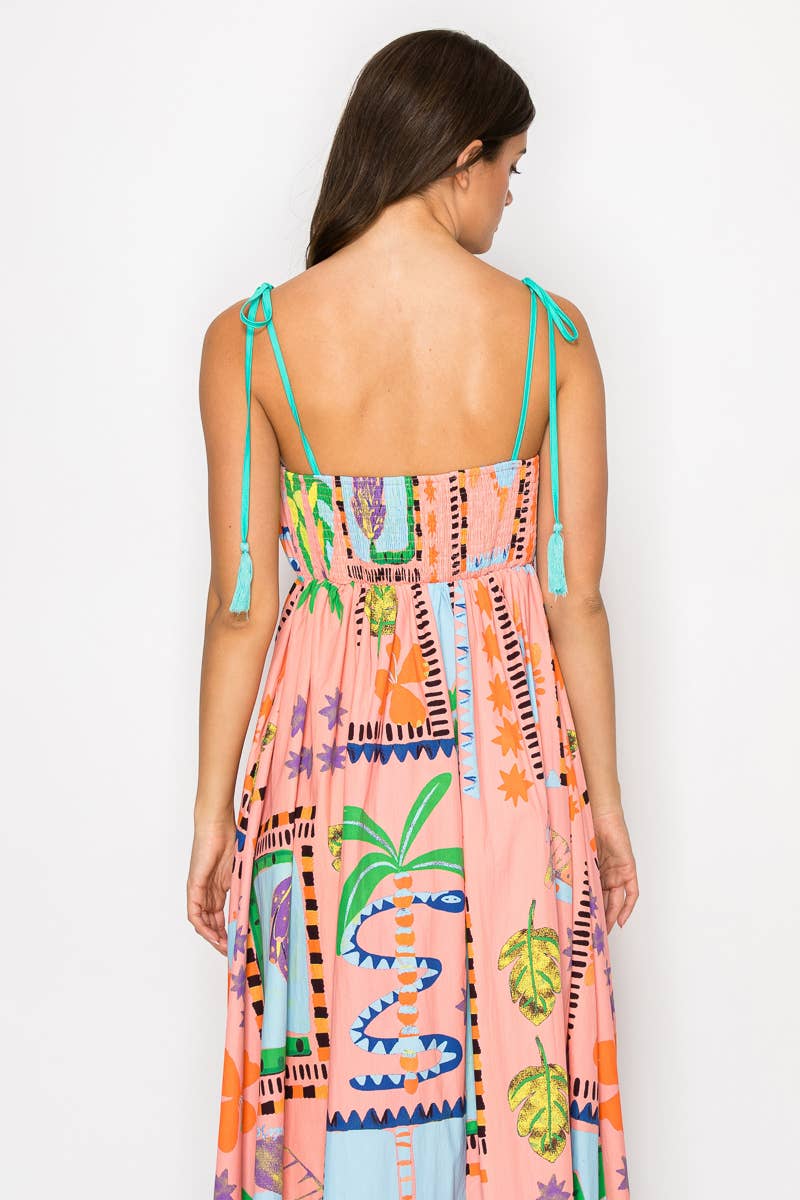 LoveWednesday - Wholesale Dress - Women's - Coral Retro Tropical Print Cotton Maxi Dress - LWD28998