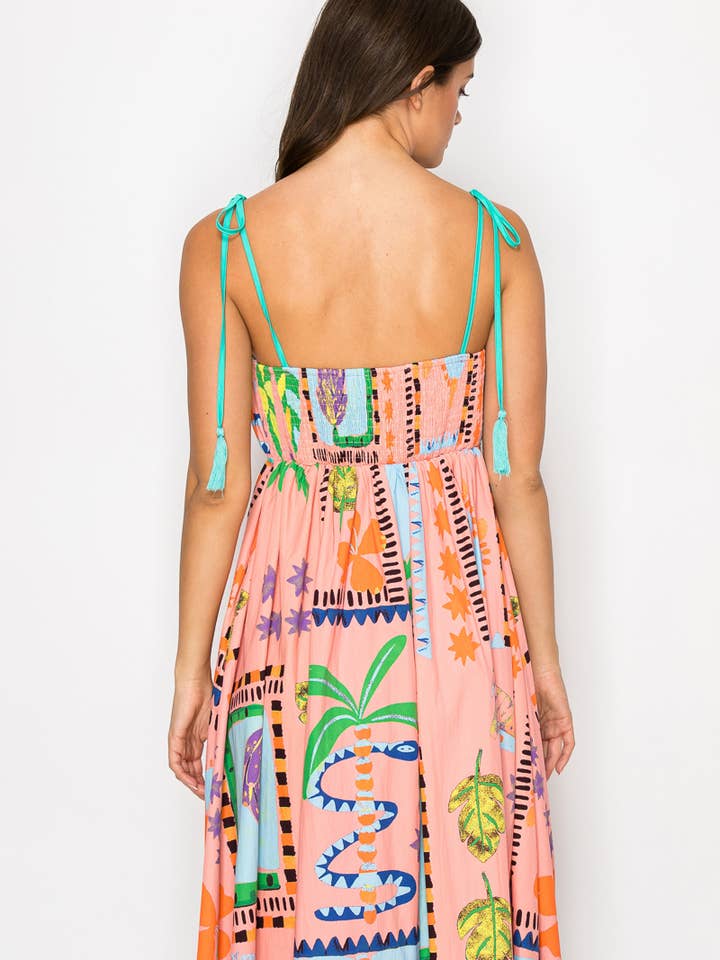 LoveWednesday - Wholesale Dress - Women's - Coral Retro Tropical Print Cotton Maxi Dress - LWD28998