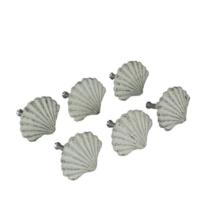 Set of 6 White Cast Iron Scallop Sea Shell Drawer Pulls for wholesale by Zeckos