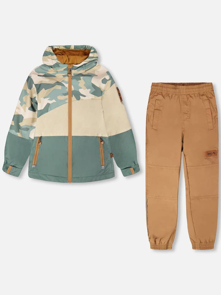 Ensemble de vêtements d'extérieur mi-saison deux pièces imprimé camouflage vert pour la vente par Deux par Deux