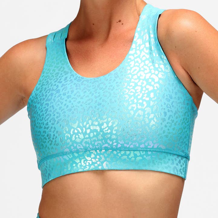 Aqua Foil Leopard Cross Back Bra for wholesale by Tikiboo