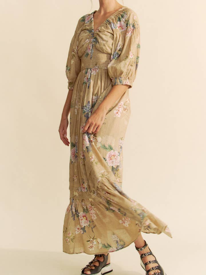 Davi & Dani - Wholesale Dress - Women's - GARDEN FLORAL PRINTED THREE LINE WAIST MAXI DRESS