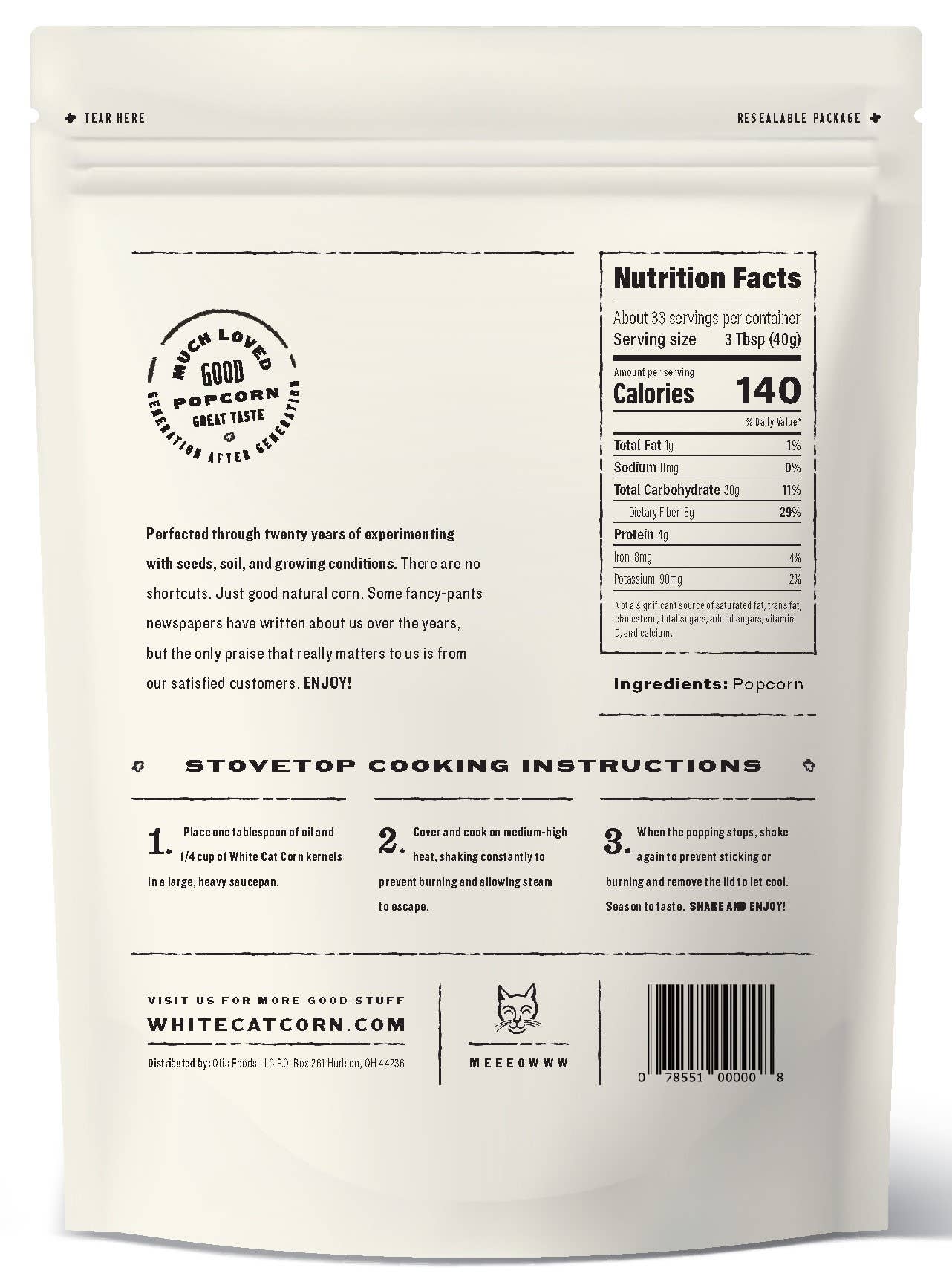 Otis Foods - Wholesale Popcorn - White Cat Corn - 48oz Bag1