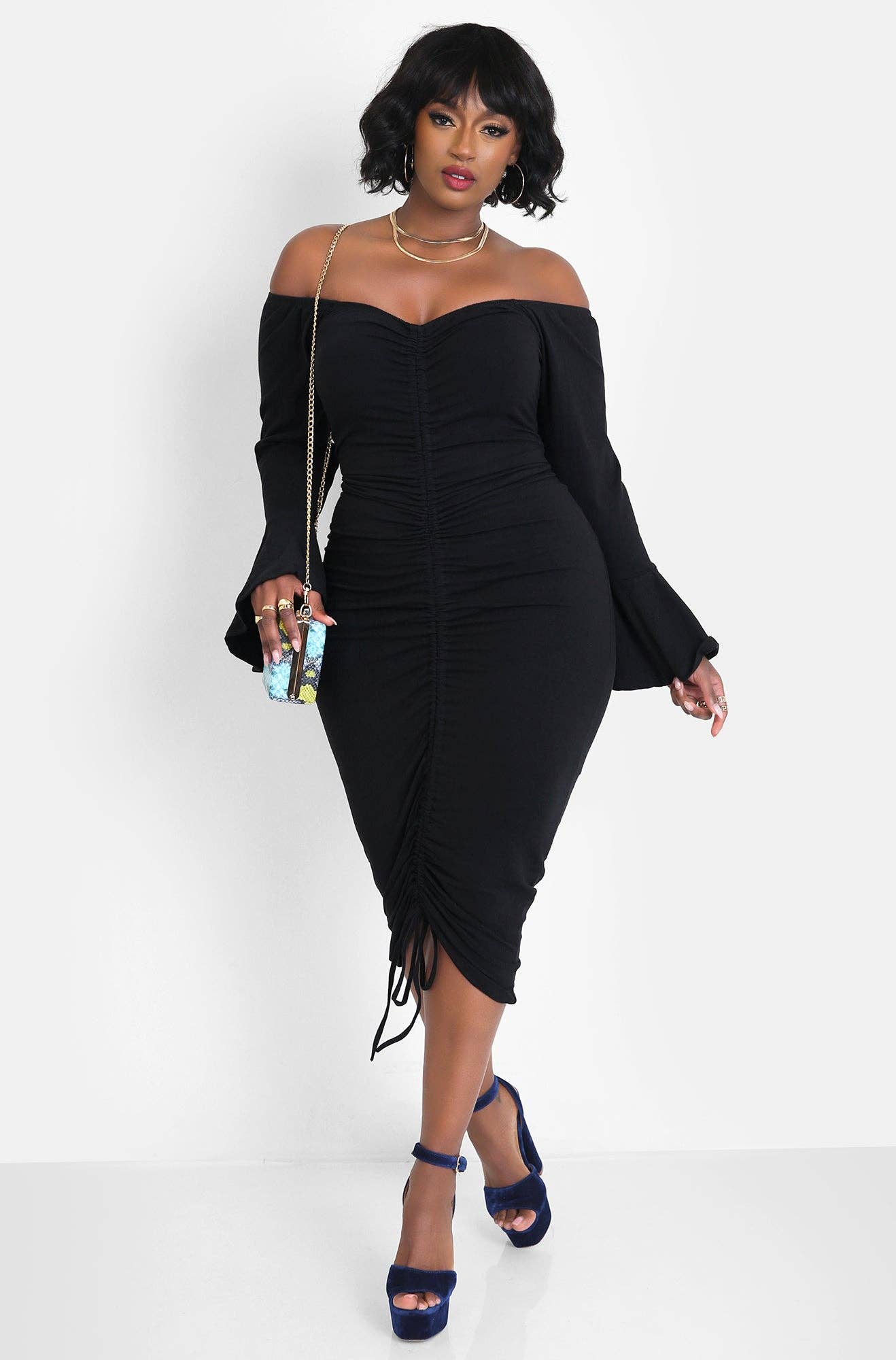 Black Take Me Back Flutter Sleeve Ruched Bodycon Midi Dress for wholesale on Faire1