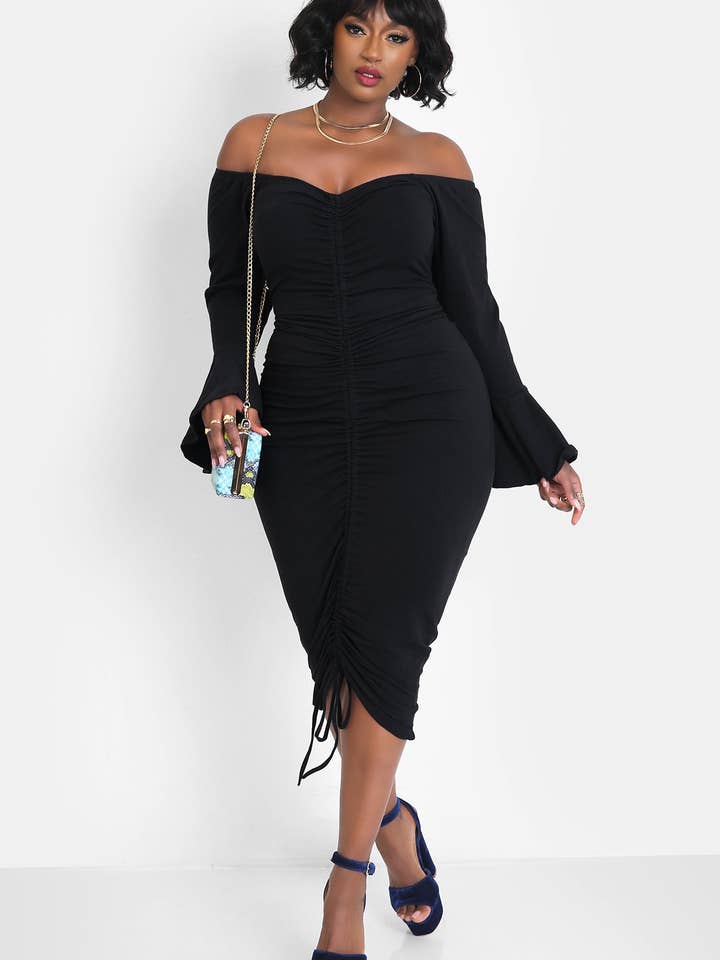 Black Take Me Back Flutter Sleeve Ruched Bodycon Midi Dress for wholesale on Faire1