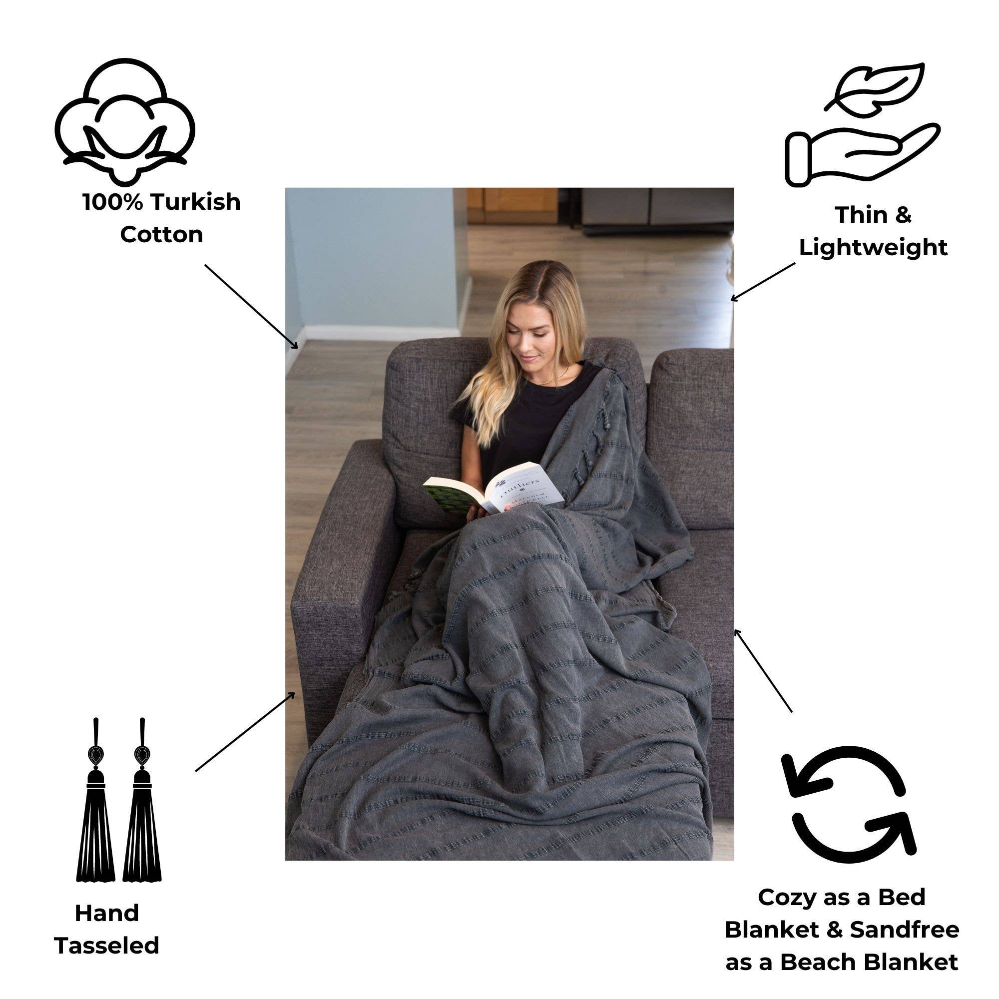 InfuseZen - Wholesale Throw Blanket - XL Stonewashed Cotton Turkish Throw Blanket in Charcoal4