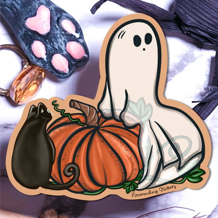 Neverending Stickers - Halloween Pumpkin - Lost Ghost With Friendly Black Cat - Vinyl Sticker Or Magnet 3x3in for wholesale by Neverending Stickers