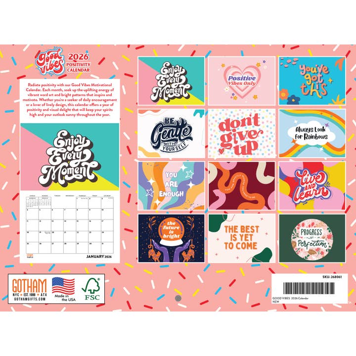 Multicolore Calendario delle Buone Vibrazioni 2026 Calendario da Parete Mensile 12 Mesi | Prodotto negli Stati Uniti d'America in vendita all'ingrosso su Faire1
