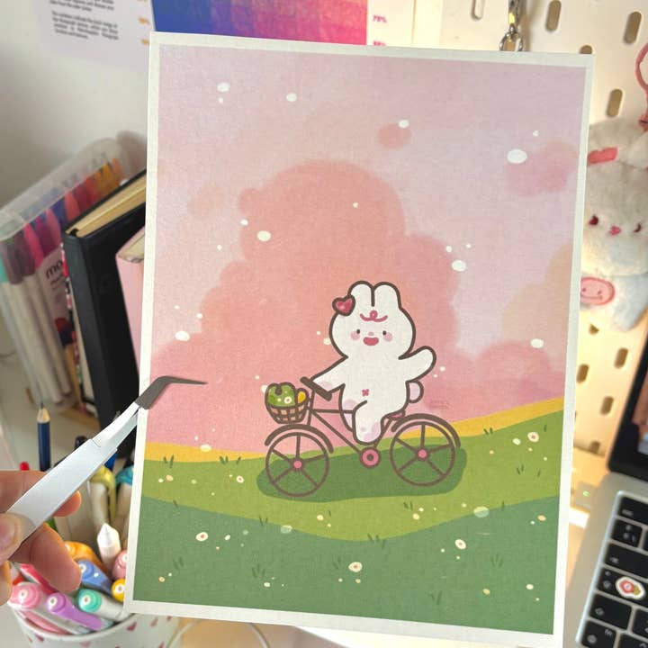 Stampa d'arte con coniglietto rosa per la vendita all'ingrosso da parte di Sara's Booth