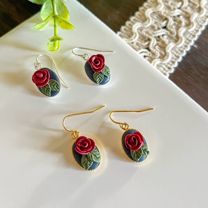 Dainty red rose earrings | multiple metal options for wholesale by Retrochrome Creations
