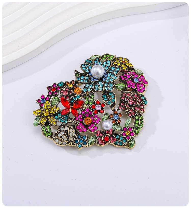Heart Vintage Colorful Rhinestone Floral Brooch for wholesale on Faire3