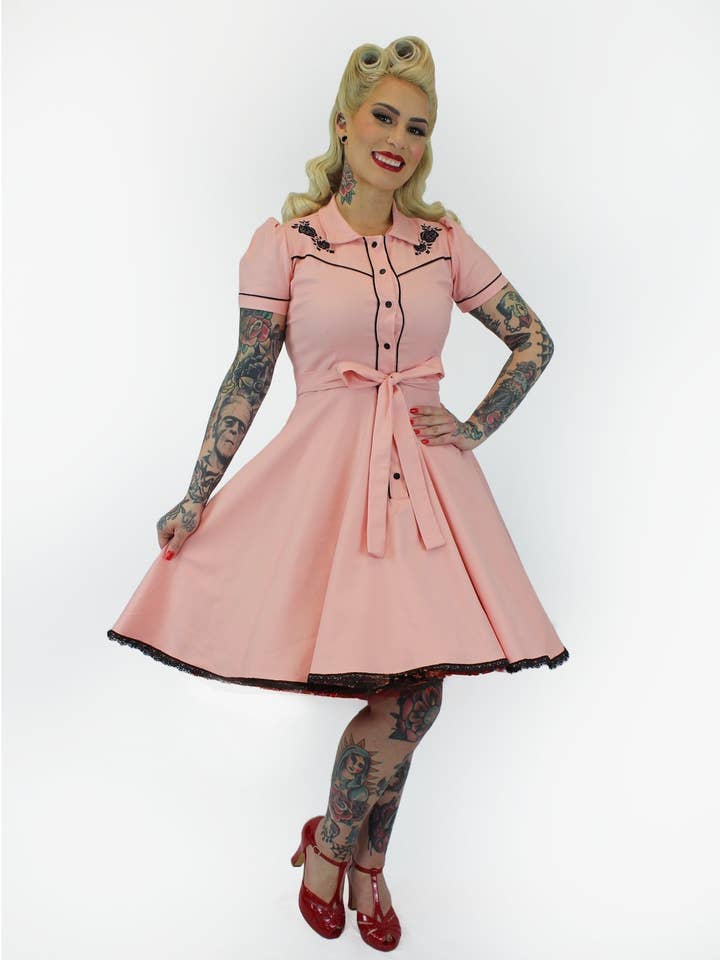 Hemet - Wholesale Dress - Women's - Pink Black Rose Western Vintage Country Dress1