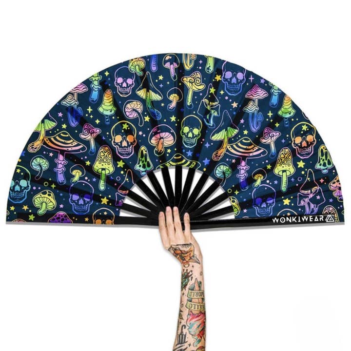 XL Festival Fan - UV Reactive, Skulls and Shrooms for wholesale by Wonkiwear Ltd