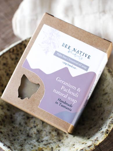 Geranium and patchouli coconut milk soap bar for wholesale by Bee native products