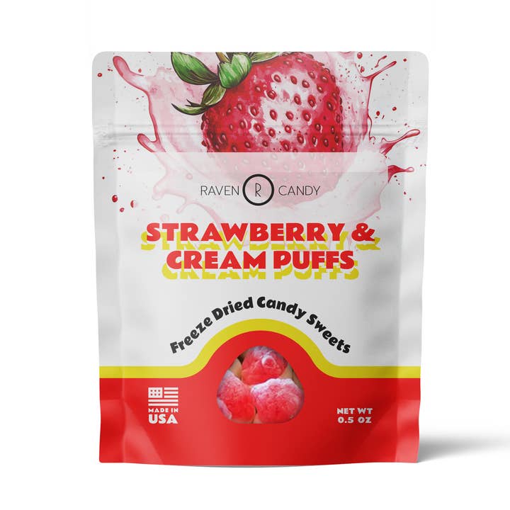 Raven Candy Strawberry & Cream Puffs Freeze-Dried Candy .5oz for wholesale by Raven Candy