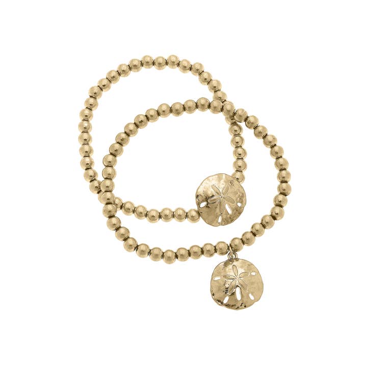Canvas Style - Wholesale Beaded Bracelet - Morgana Sand Dollar Ball Bead Bracelet of 2 in Shiny Gold