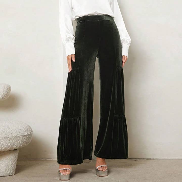 Darkgreen Velvet Draped High-Waisted Straight-Leg Wide-Leg Pants for wholesale on Faire