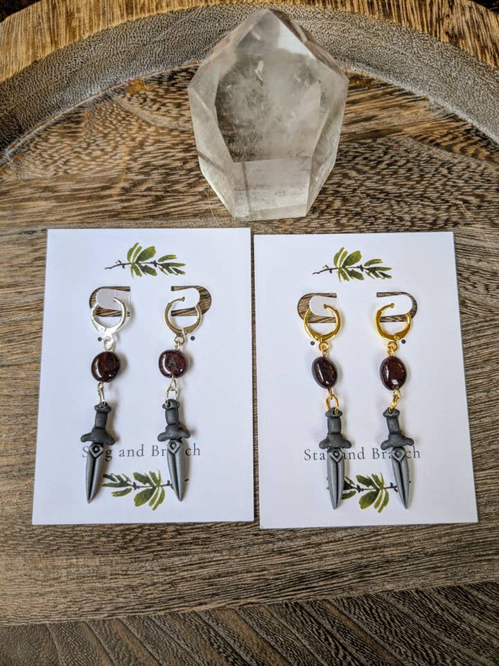 Dagger Huggie Hoop Earrings With Garnet | Polymer Clay for wholesale by Stag and Branch
