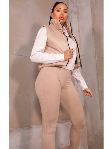Femme Luxe - Vente Veste – femme - Gilet matelassé court sans manches à col montant nude avec fermeture éclair - Brea2