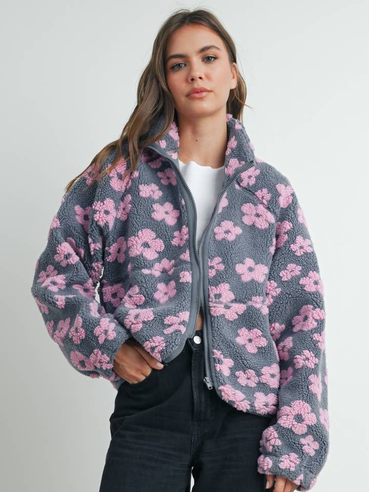 BUTTERMELON - Wholesale Fleece - Women's - Fall Daisy Flower Pattern Fleece Sherpa - BMJ7008