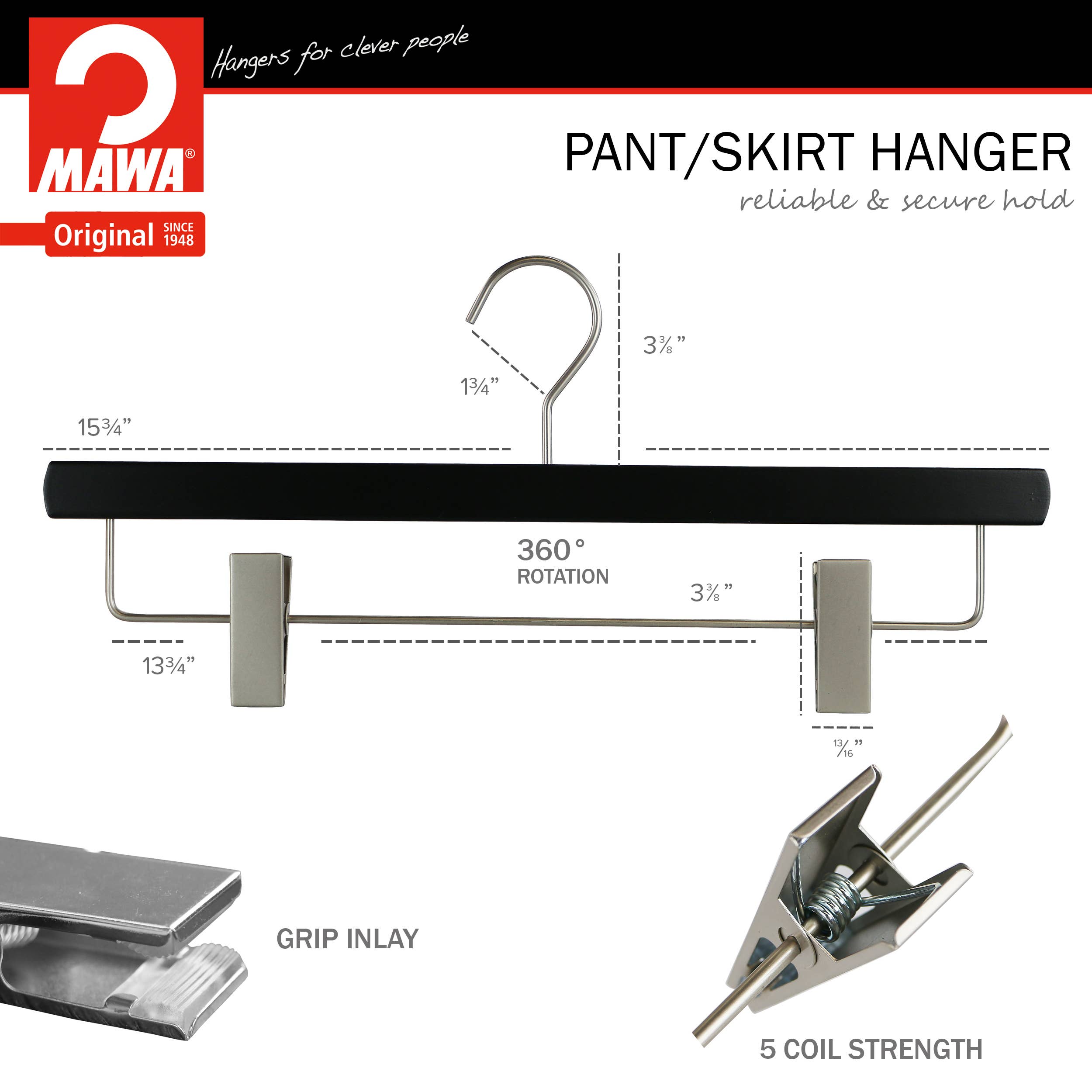 Reston Lloyd - Wholesale Clothes Hangers - Mawa, Wooden Pant Hanger with Clips, Silver Hook1