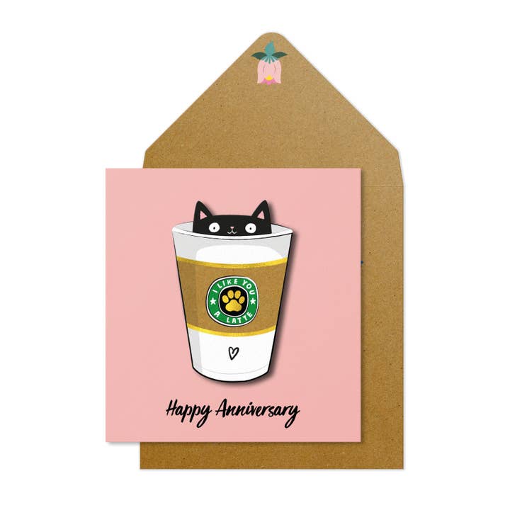 Happy Anniversary Coffee Cat, 3D Handmade Greeting Card for wholesale by Tache