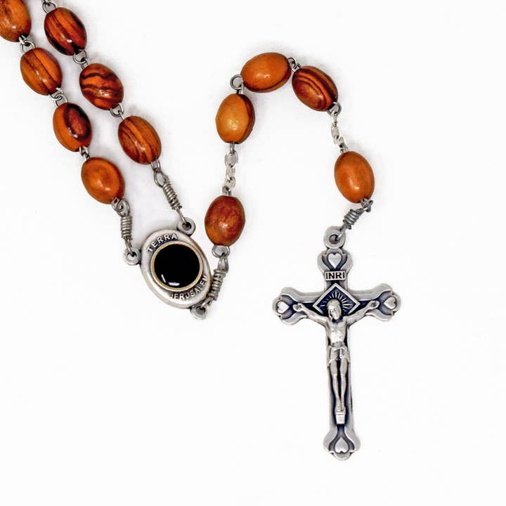 Fair to Trade Ltd - Wholesale Prayer Beads Necklace - Hand Carved Olive Wood Rosary Silver Links Holy Land Soil1