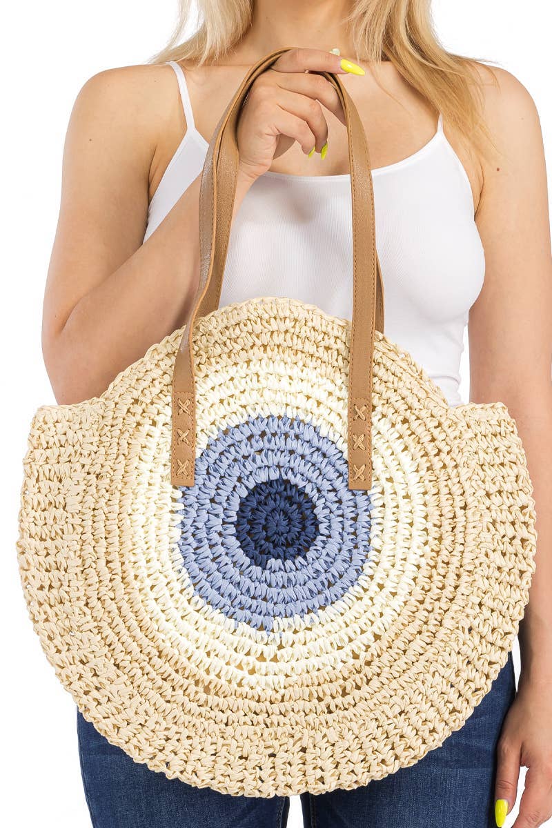 Cap Zone - Wholesale Beach Bag - Boho Evil Eye Rattan Wicker Round Beach Tote Bag10