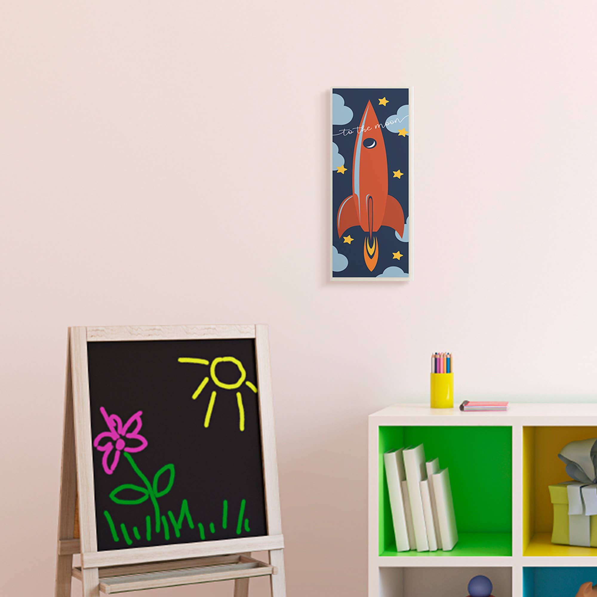 Stupell Industries – wholesale Konsttryck – Till månen citat nyckfull raket fartyg utrymme väggkonst1