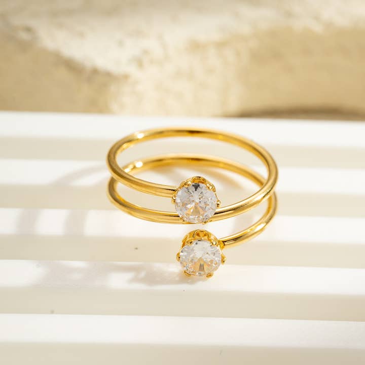 COSMOS - Wholesale Multi-Stone Ring - Minimalist steel-set clear stone duo gold rings